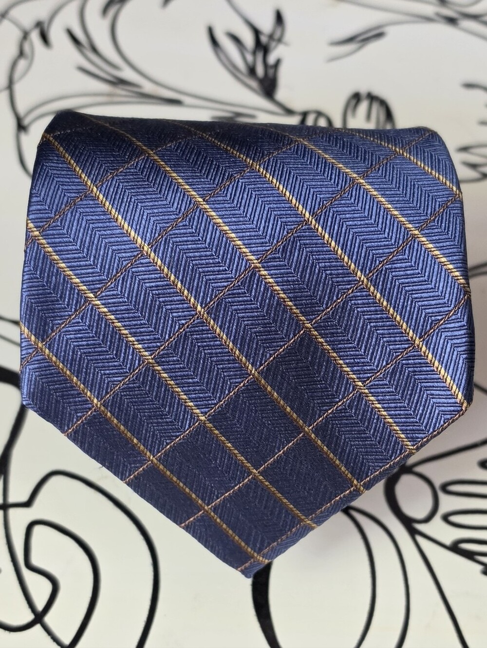 Joseph Abboud Tie Silk Men's Blue Herringbone Grid Plaid Geometric Italy 61"